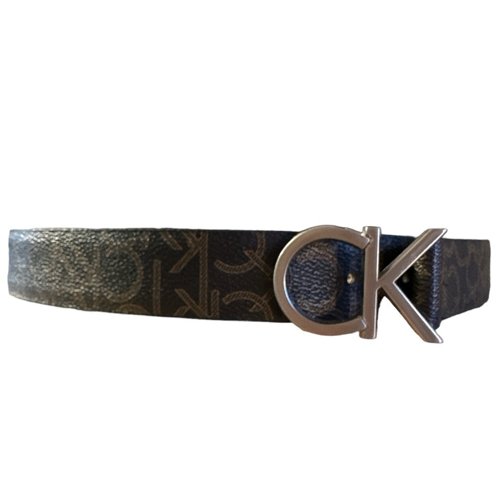 Calvin Klein Silver Hardware CK Brown Tan Vegan Leather Logo Sz S Belt NWT